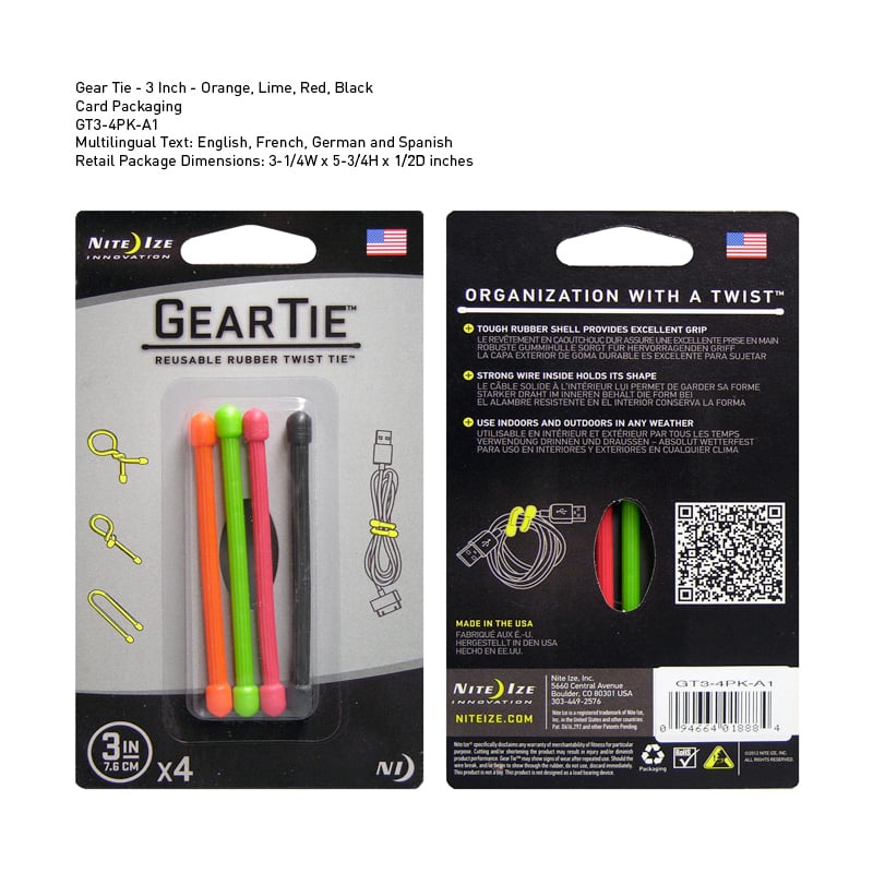 Niteize Gear Tie 3 Inch Assorted 4 Pack